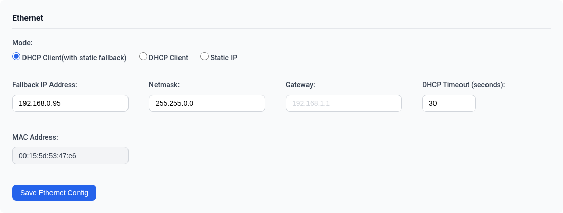 Ethernet settings — DHCP Client with static fallback (default)