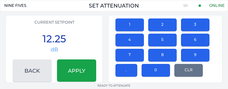 Touch UI attenuator numeric keypad with 12.25 dB entered