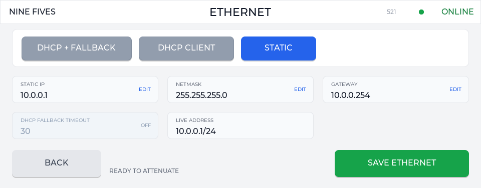 Touch UI Ethernet settings screen