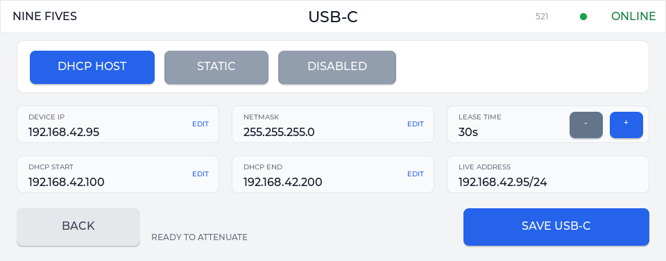 Touch UI USB-C settings screen