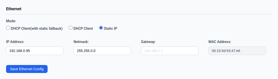 Ethernet settings — Static IP mode selected