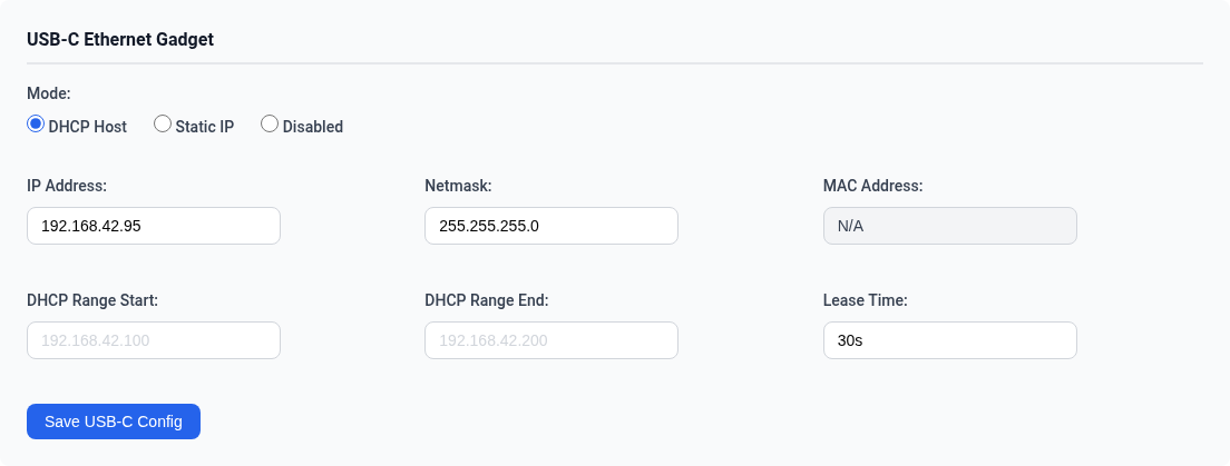 USB-C Ethernet Gadget settings — DHCP Host (default)